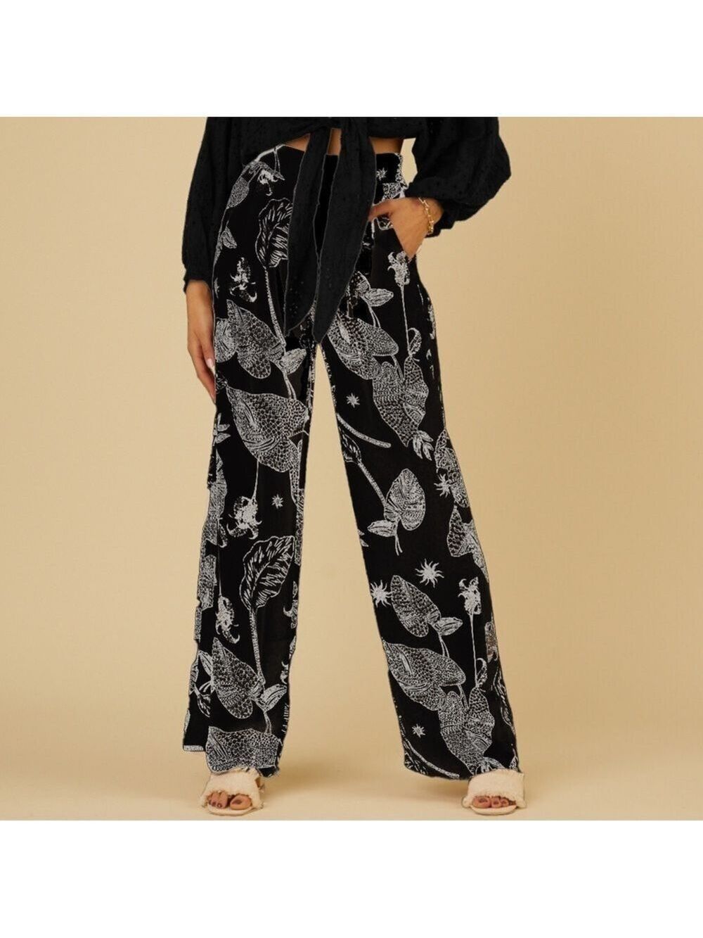 Scandal Italy Women’s MALLORCA SILKY PANT Wide Leg Black Cream Floral Print M/L